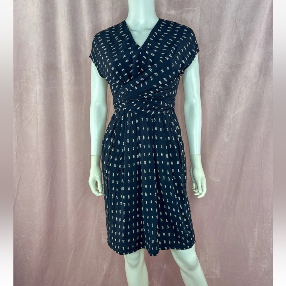 MM.LaFleur Navy Wrap-Style Dress with Ivory Dot Print